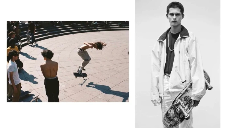 Black and white photo of a young man holding a skateboard, contrasted with a color image of a skateboarder performing a trick in public.