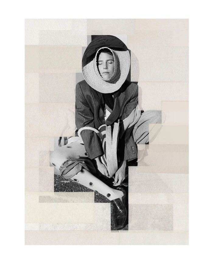 Collage artwork of a seated woman wearing a blazer and wide-brimmed hat against a neutral block background
