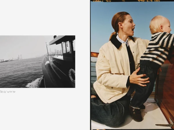 A woman and a young child on a boat deck, photographed by Matteo Montanari, with an inset black and white water view.