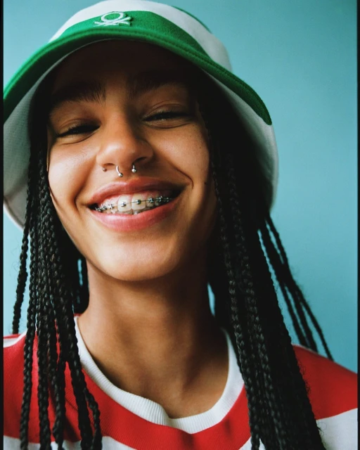 Close-up portrait of a smiling young woman with dark braids, braces, and a nose ring, wearing a green and white hat against a blue background.