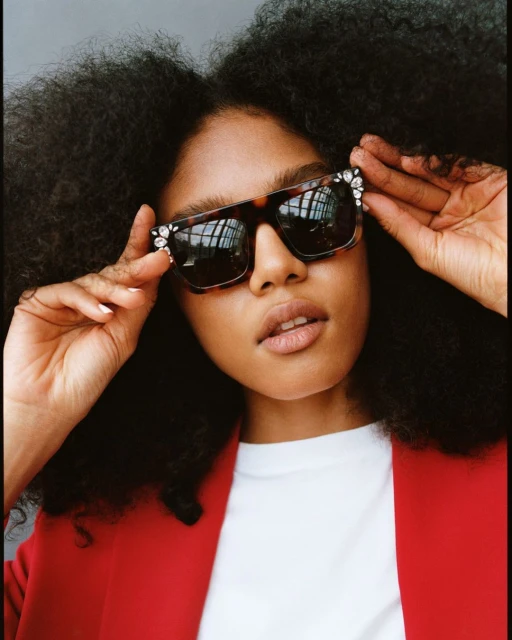 Woman with large afro and red blazer wearing embellished sunglasses, posing in a studio with neutral grey background.