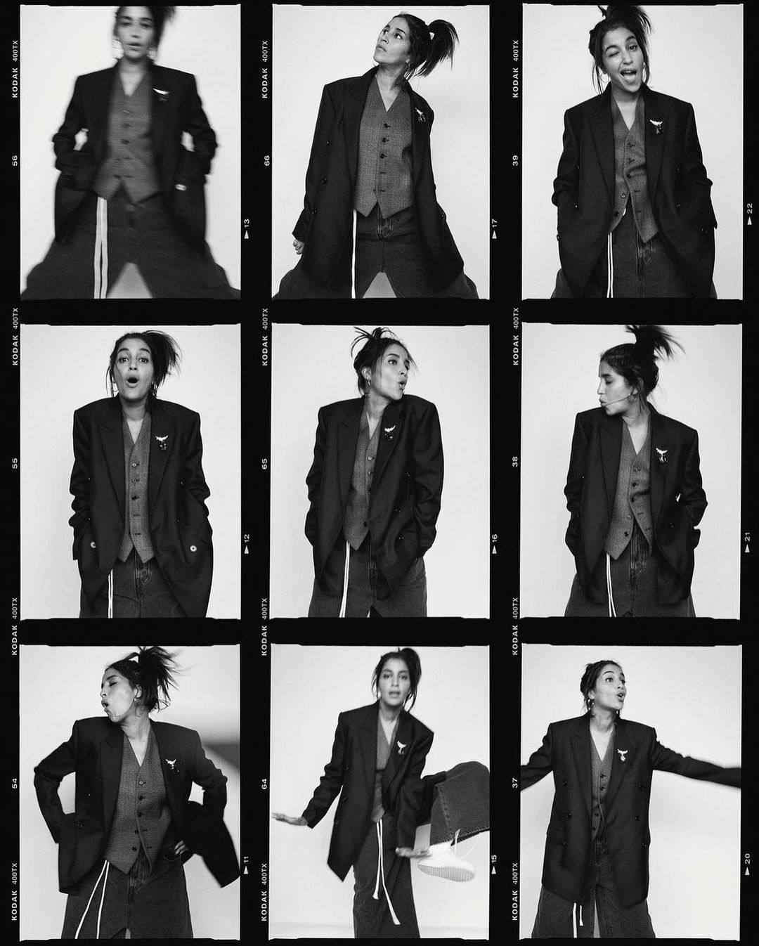 A black and white contact sheet features a woman in a suit jacket and vest, posing with various expressions against a white backdrop.