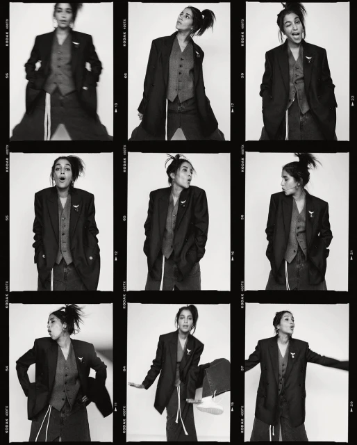 A black and white contact sheet features a woman in a suit jacket and vest, posing with various expressions against a white backdrop.