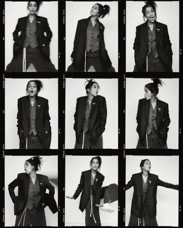 A black and white contact sheet features a woman in a suit jacket and vest, posing with various expressions against a white backdrop.