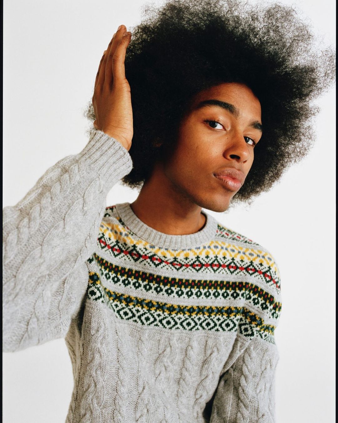 Portrait of a young adult Black male with an afro wearing a patterned grey sweater against a white studio backdrop. Head and shoulders.