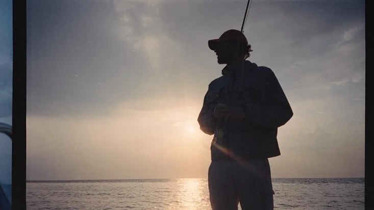 Silhouette of a man wearing a baseball cap holding a fishing rod against a sunset sky over the ocean