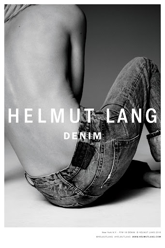 Black and white studio shot of a partially visible adult wearing denim jeans, advertising Helmut Lang denim clothing with the brand name visible.