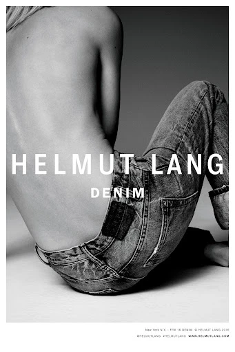 Black and white studio shot of a partially visible adult wearing denim jeans, advertising Helmut Lang denim clothing with the brand name visible.