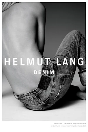 Black and white studio shot of a partially visible adult wearing denim jeans, advertising Helmut Lang denim clothing with the brand name visible.