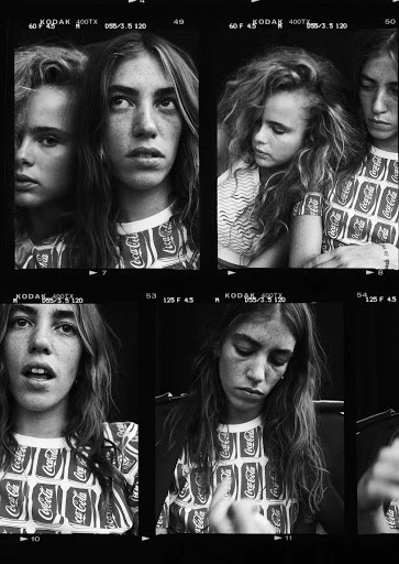 Monochrome contact sheet of young women in Coca-Cola branded shirts, captured in varying poses and expressions against a dark backdrop.