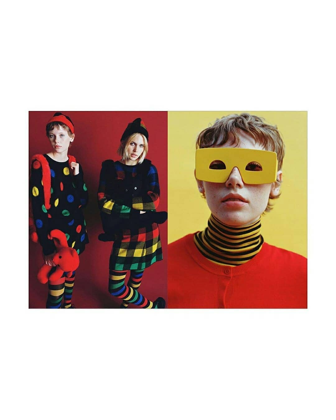 Three models showcase brightly colored and patterned fashion against red and yellow backgrounds, featuring bold patterns and unique accessories.