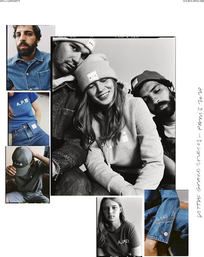 Three people model A.P.C. x Carhartt beanies and apparel in a black and white collage advertisement with denim and neutral tones.