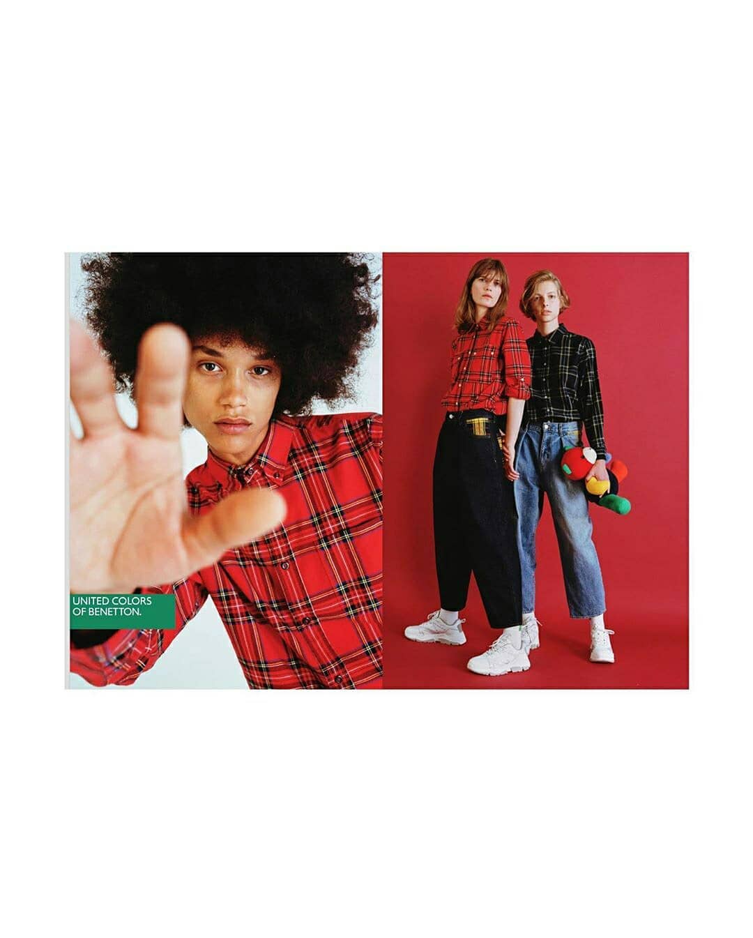 Multi-panel fashion shot: Person in red plaid shirt reaching out, two people in plaid shirts standing on red backdrop.