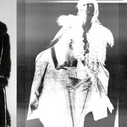 High contrast black and white photographic inversion portrait of a woman wearing a textured fur coat and patterned trousers.