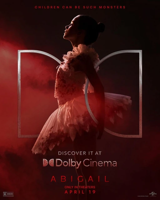 Profile of a young ballerina in a white tutu, posing gracefully against a dark background in a theatrical movie poster setting.