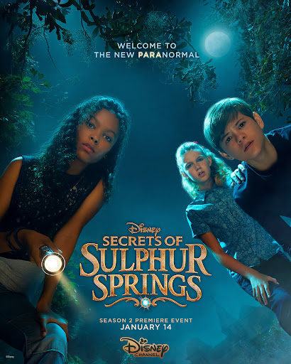 Promotional poster for Disney's 'Secrets of Sulphur Springs' Season 2 with three young actors set against a dark, mysterious backdrop.