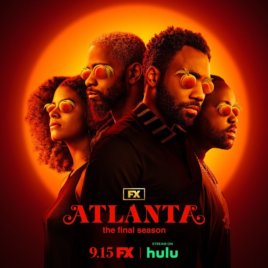 Promotional image for Atlanta: The Final Season features four African-American adults wearing peach eyewear against an orange and red background.