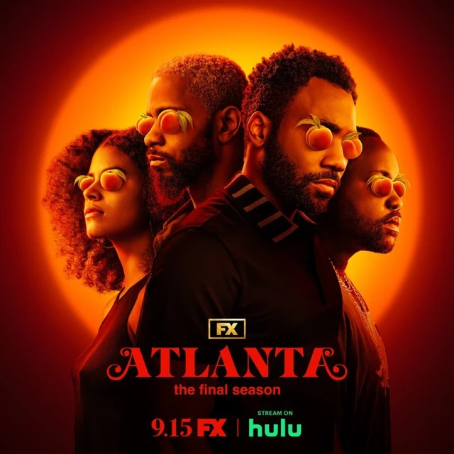 Promotional image for Atlanta: The Final Season features four African-American adults wearing peach eyewear against an orange and red background.
