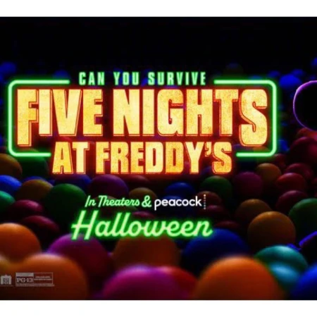 Five Nights at Freddy's movie poster with balls; Halloween release shown in a dark setting with luminous green and yellow text.