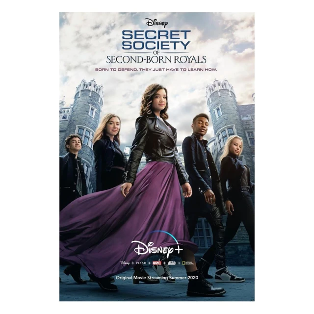 Movie poster of 'Secret Society of Second-Born Royals' showing five young adults against a castle backdrop. Promotional image for Disney+.