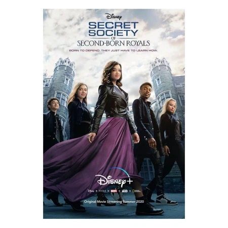 Movie poster of 'Secret Society of Second-Born Royals' showing five young adults against a castle backdrop. Promotional image for Disney+.
