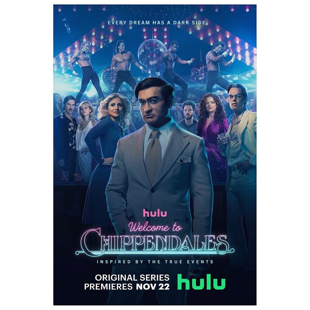 Promotional poster for Hulu's 'Welcome to Chippendales' featuring Kumail Nanjiani and other cast members against a nightclub backdrop.