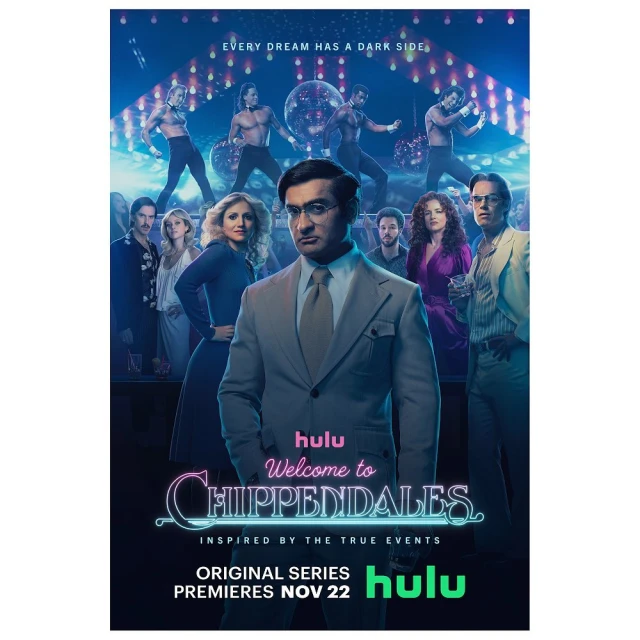 Promotional poster for Hulu's 'Welcome to Chippendales' featuring Kumail Nanjiani and other cast members against a nightclub backdrop.