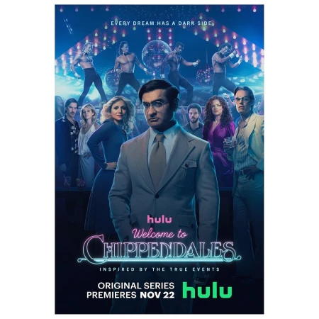 Promotional poster for Hulu's 'Welcome to Chippendales' featuring Kumail Nanjiani and other cast members against a nightclub backdrop.