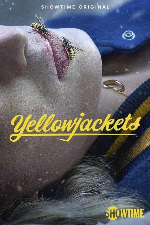 TV show poster for Yellowjackets on Showtime features a woman's face with two wasps on her lip. Text overlay and wintery background.