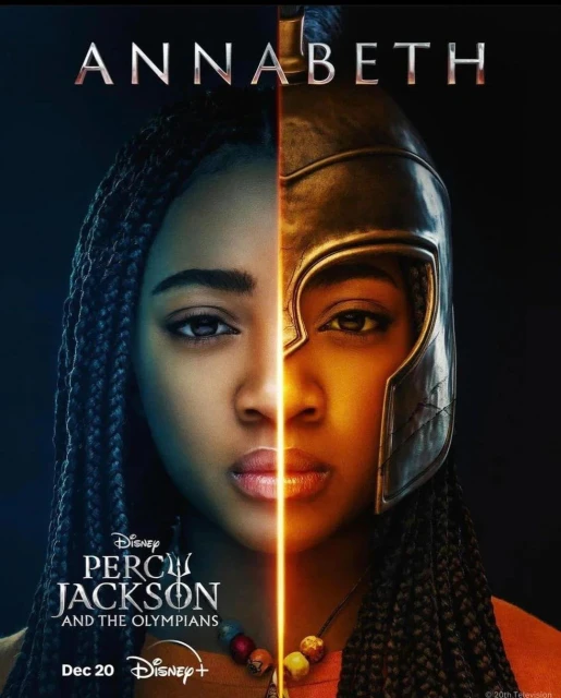 Movie poster featuring a split portrait of actress as Annabeth Chase in "Percy Jackson and the Olympians," streaming on Disney+.