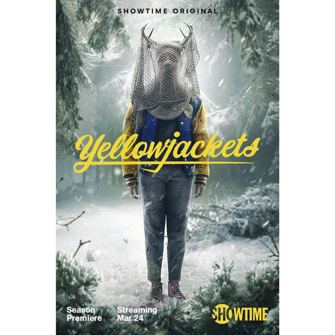Promotional poster for Showtime's Yellowjackets featuring a person in a forest, wearing a yellow jacket and a deer-antlered headpiece.
