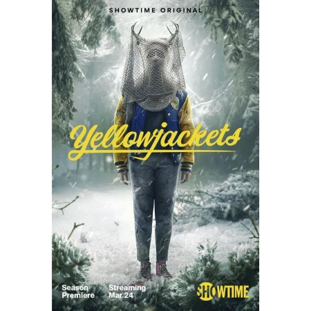 Promotional poster for Showtime's Yellowjackets featuring a person in a forest, wearing a yellow jacket and a deer-antlered headpiece.