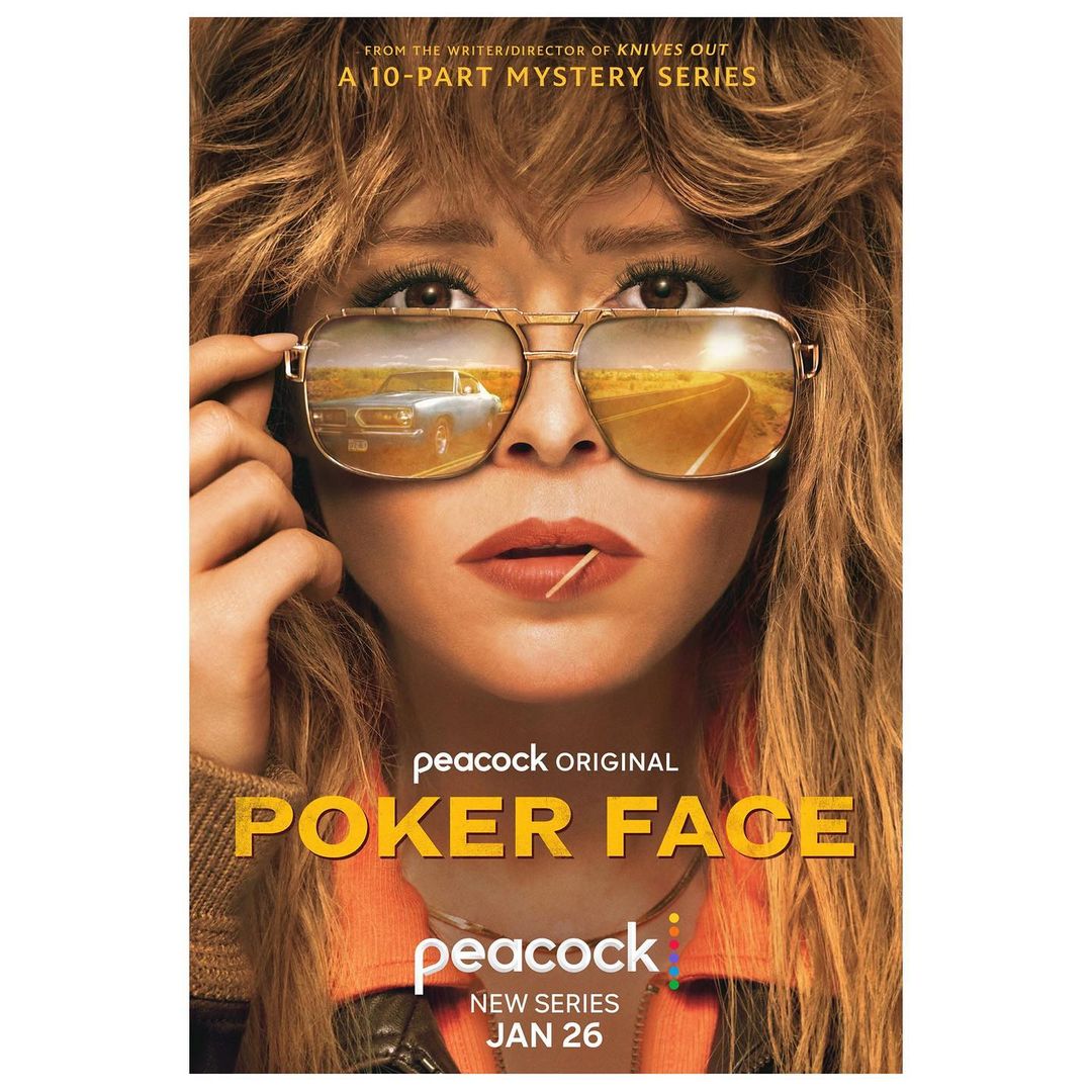 Promotional poster for Peacock series 'Poker Face' featuring actress in sunglasses reflecting car and road, with tagline 'New series'.