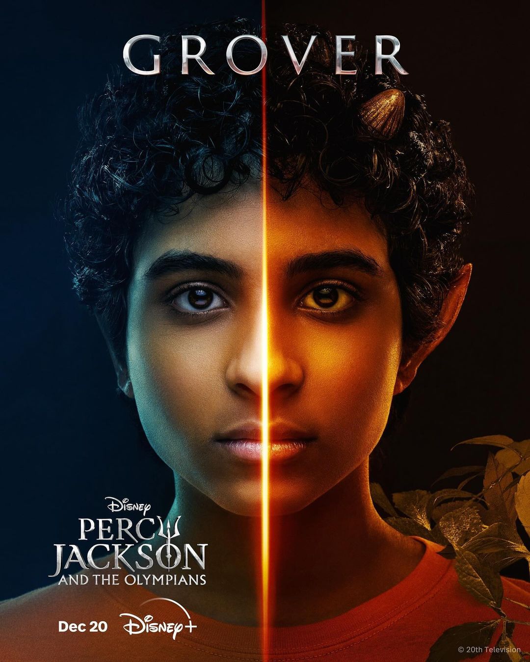 Promotional image for Disney+'s 'Percy Jackson and the Olympians' featuring a portrait of Grover, with a light source dividing the face.