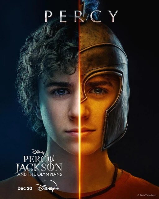 Promotional image features halves of a boy's face, one side with curly hair, the other with a bronze helmet, for 'Percy Jackson.'