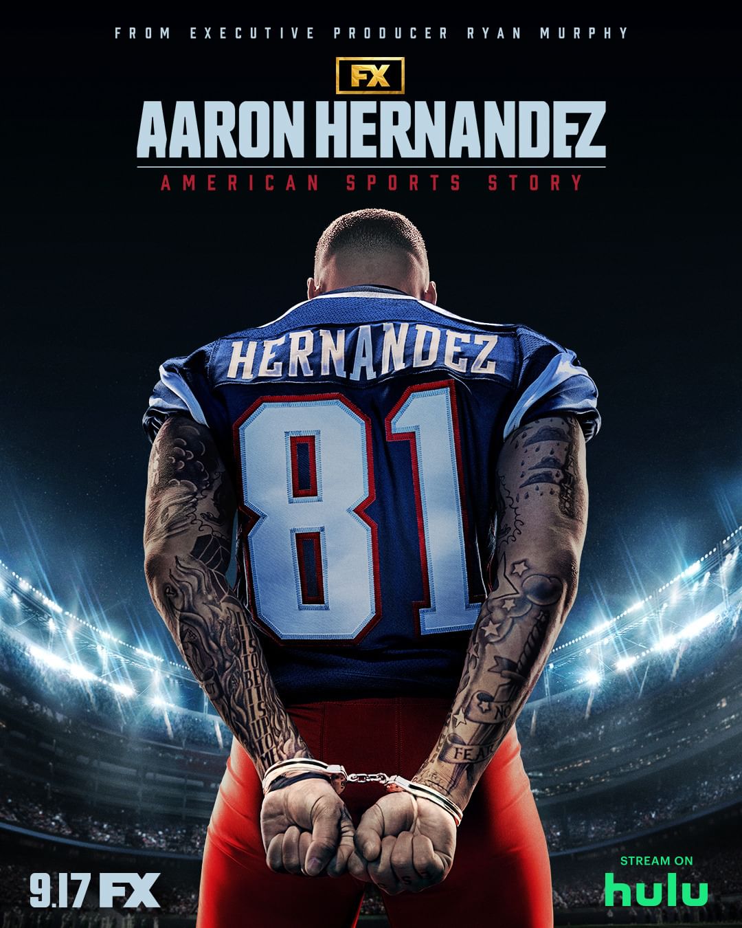 Promotional image for American Sports Story: Aaron Hernandez, showing a football player in uniform, handcuffs, and tattoos, against a stadium backdrop.