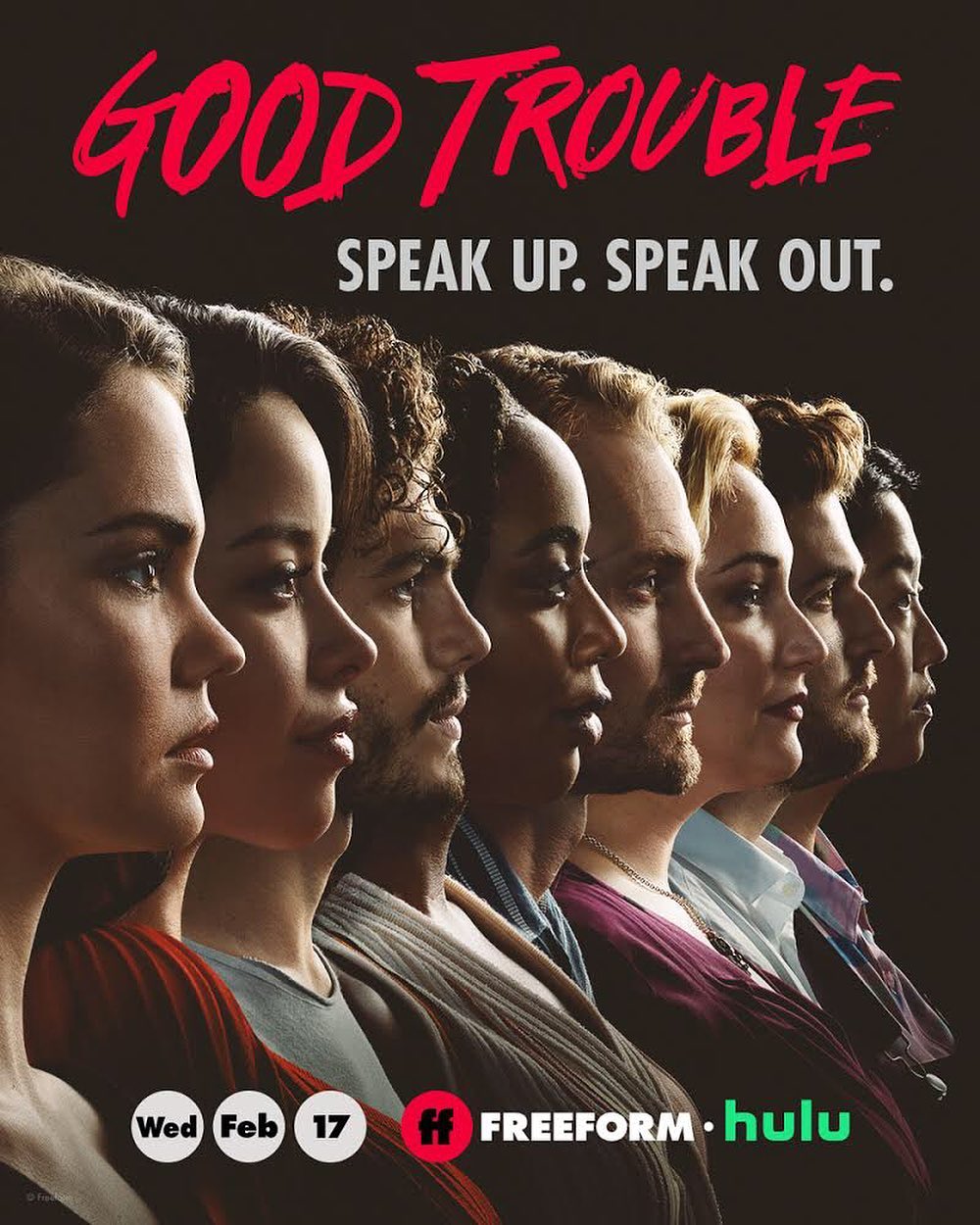 Group of eight diverse people in a promotional image for the television show Good Trouble. The group stands in a line looking right.