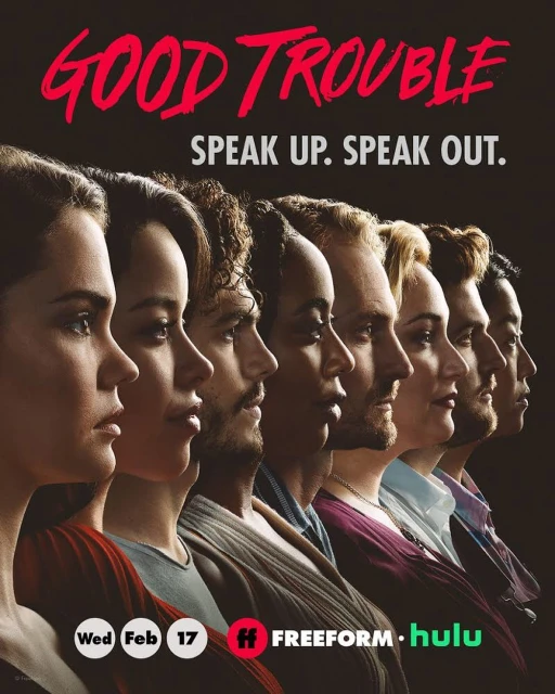 Group of eight diverse people in a promotional image for the television show Good Trouble. The group stands in a line looking right.