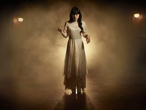 Woman in a vintage cream-colored gown stands in a smoky, theatrical setting, softly lit with visible light fixtures. Fashion, vintage style.