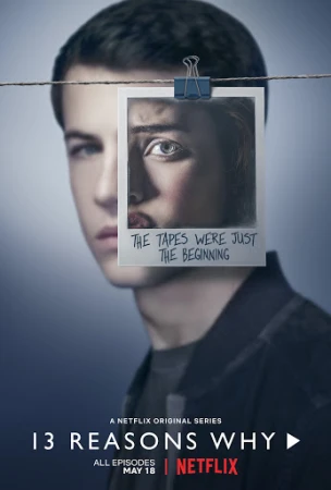 Movie poster for Netflix series '13 Reasons Why' featuring an image of actor Dylan Minnette and a polaroid picture attached to string.