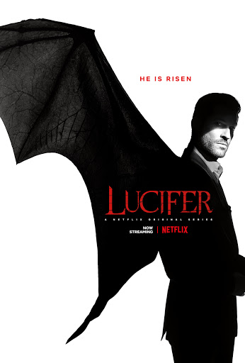 Movie poster for 'Lucifer' featuring a man with dark wings silhouetted against a white background, with the title in red font.