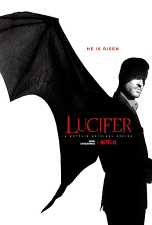 Movie poster for 'Lucifer' featuring a man with dark wings silhouetted against a white background, with the title in red font.