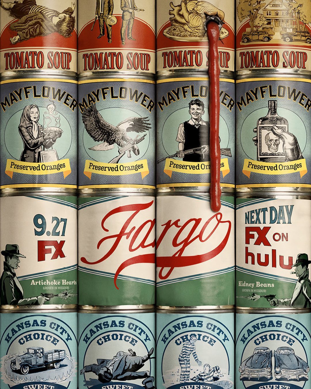 Whimsical pop-art display featuring stacked cans of tomato soup, preserved oranges, and Fargo-themed motifs in bright, retro colors.