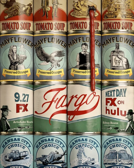 Whimsical pop-art display featuring stacked cans of tomato soup, preserved oranges, and Fargo-themed motifs in bright, retro colors.