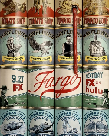 Whimsical pop-art display featuring stacked cans of tomato soup, preserved oranges, and Fargo-themed motifs in bright, retro colors.