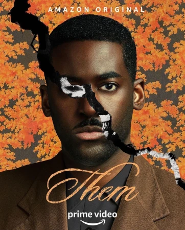 Promotional shot from Amazon Prime Video's "Them", featuring an African-American adult male in a brown suit jacket against a floral backdrop.