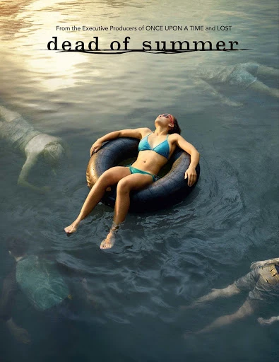 A woman in a blue bikini floats in a black inner tube on rippling water in this movie poster for Dead of Summer.