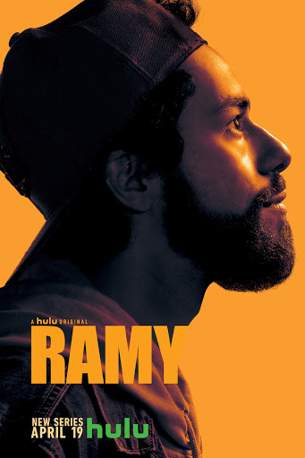 Profile of bearded man with cap against orange background, 'Ramy' TV series title, new series April 19 Hulu, profile view.