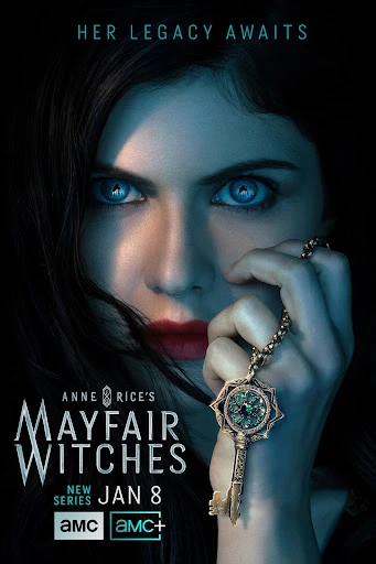 Close-up of Alexandra Daddario in 'Anne Rice's Mayfair Witches' promotional poster, holding ornate key; dark, cool tones; intense gaze.