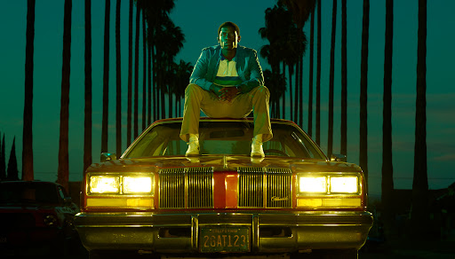 Adult male in a blue jacket and cream pants sitting on the hood of a vintage car in front of palm trees.